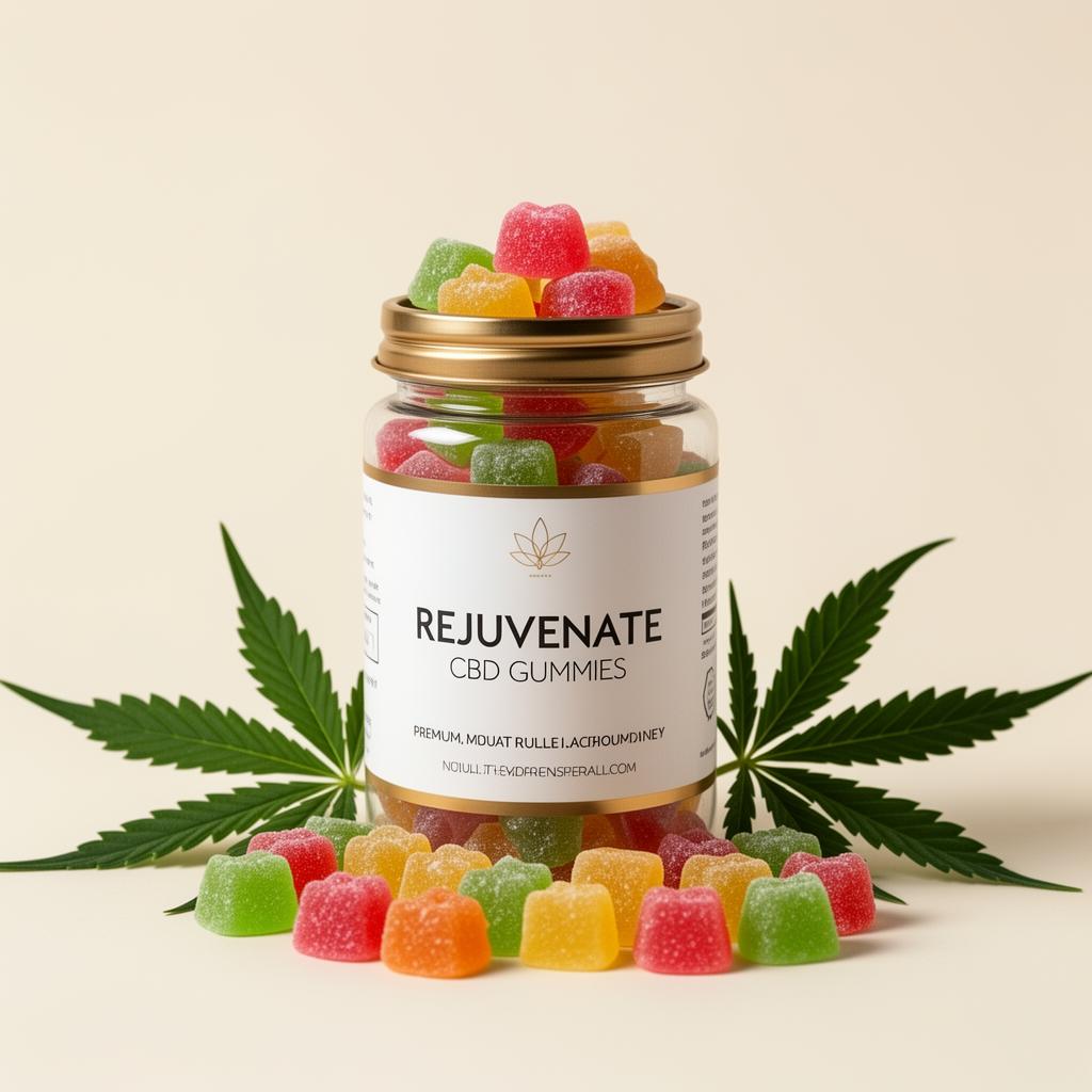 Rejuvenate CBD Gummies bottle with colorful gummies